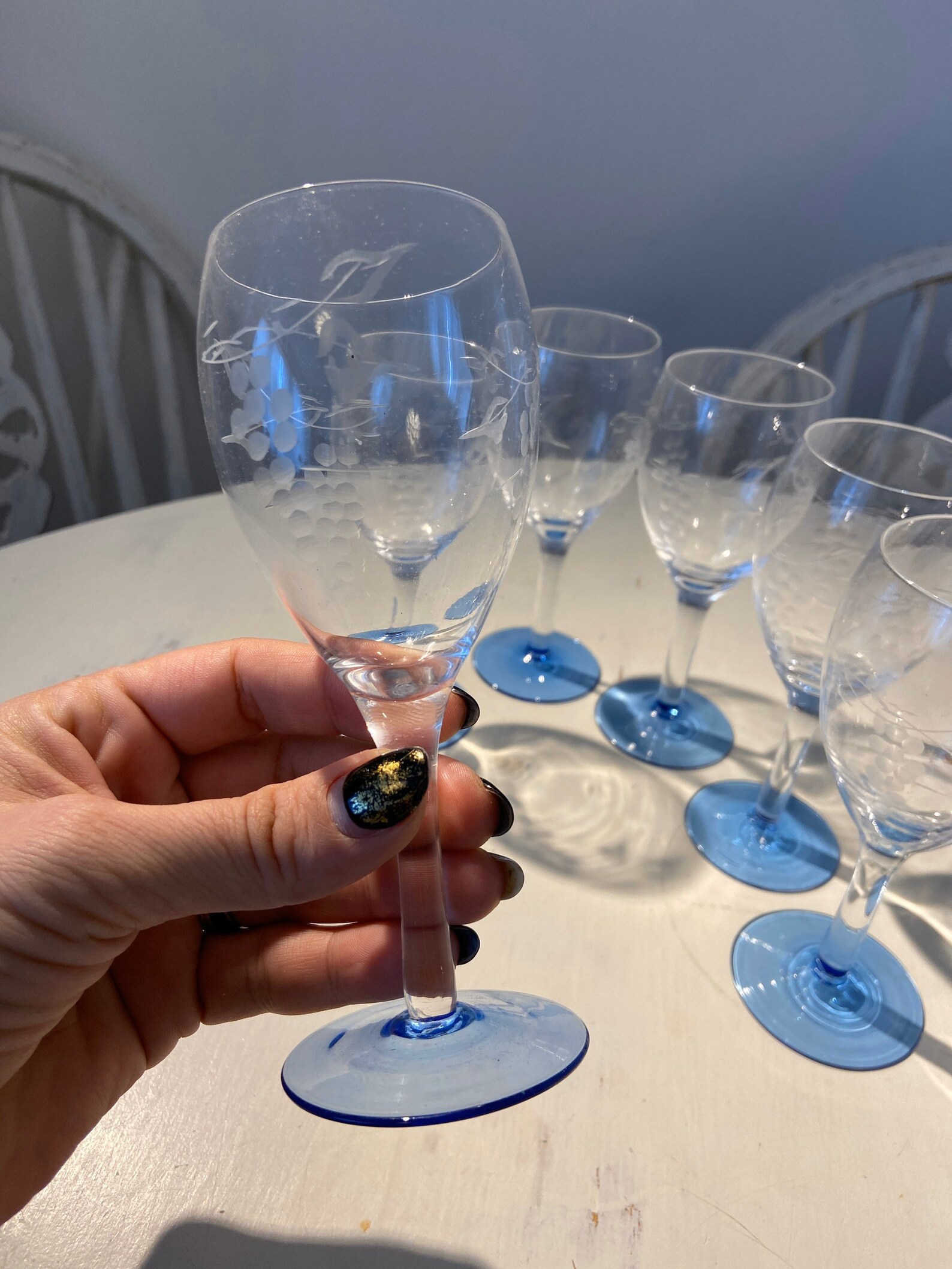 Set of 6 Vintage Wine Clear Glasses With Blue Base.beautiful Etsy