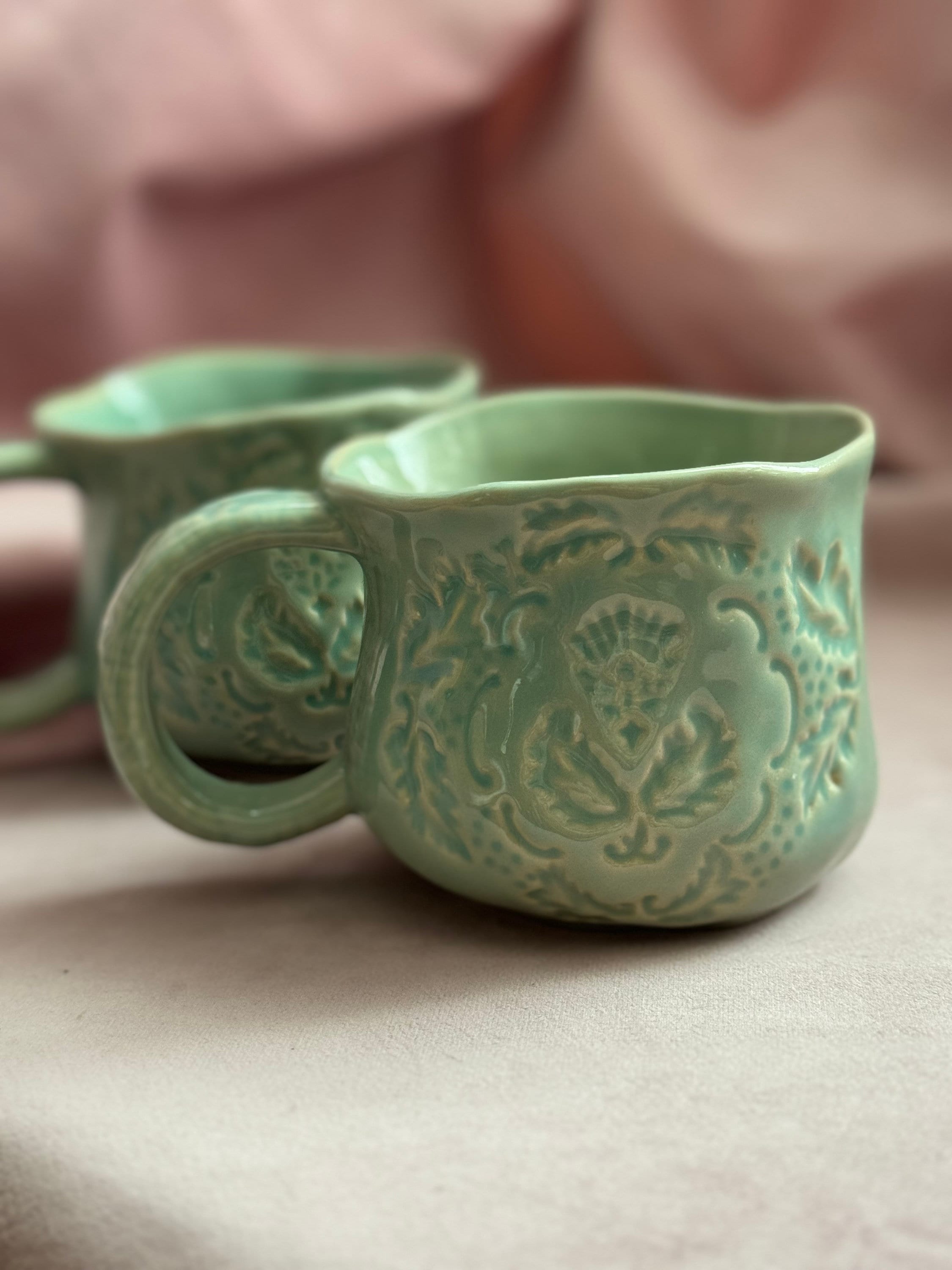 Beautiful Set of 2 Hand Made Blue Mugs With Flowers