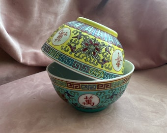 Vintage uniqueness of 2 Chinese yellow and green bowls,hand painted.