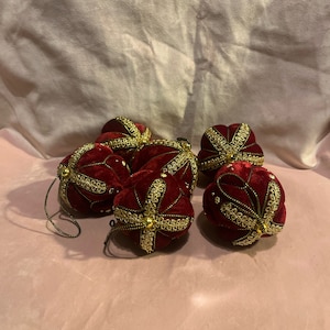 Beautiful Christmas set of 6 red velvet bauble with gold ornaments.