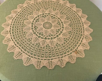 Vintage Crochet Round Table Cover.Handmade Round Beige Crochet Tablecloth.