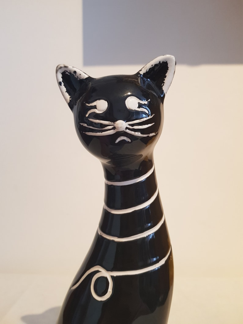 Ceramic Large Cat Figurine.Black Cat with white lines. Etsy
