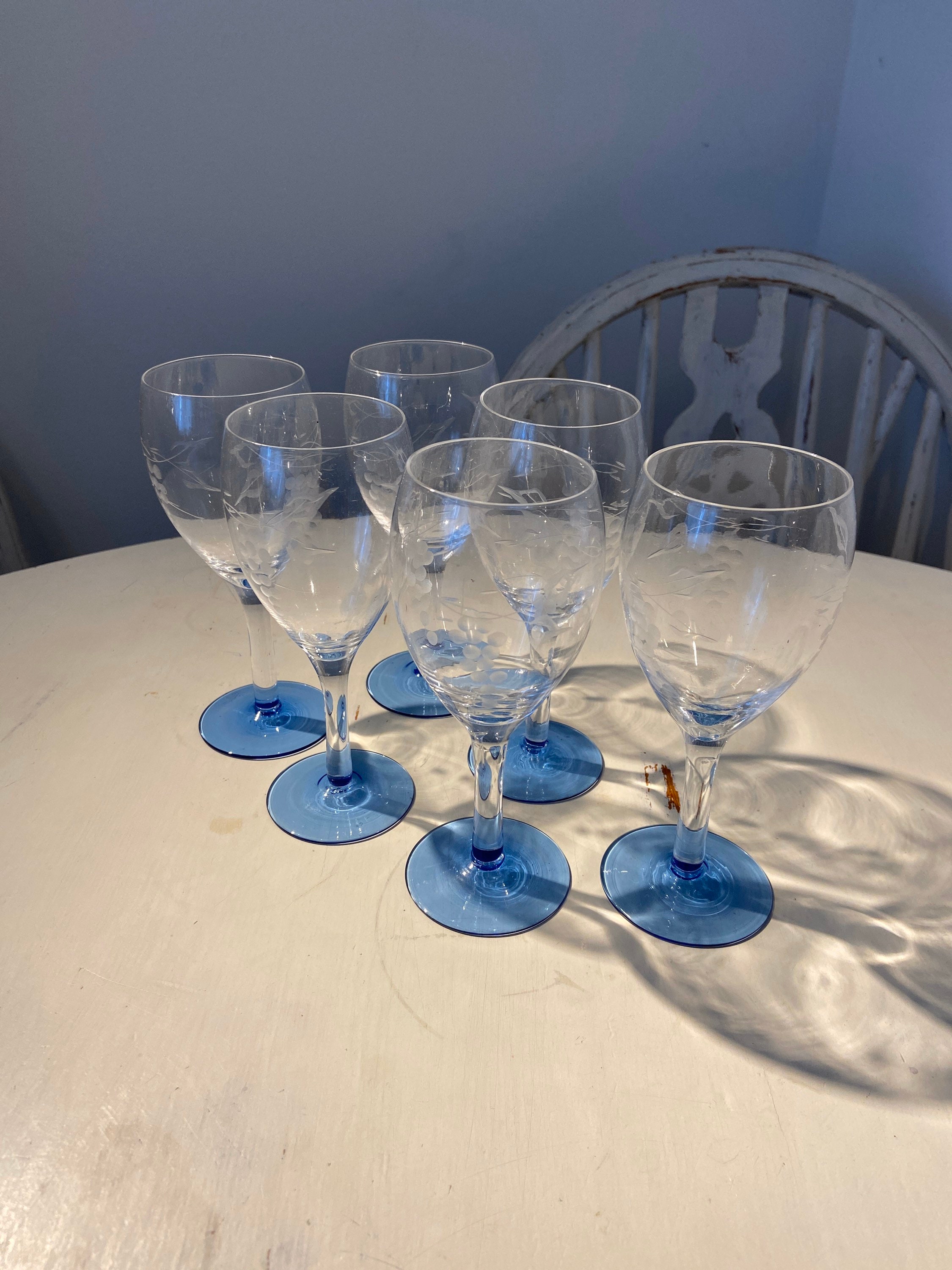Set Of 6 Vintage Wine Clear Glasses with blue base.Beautiful Etsy