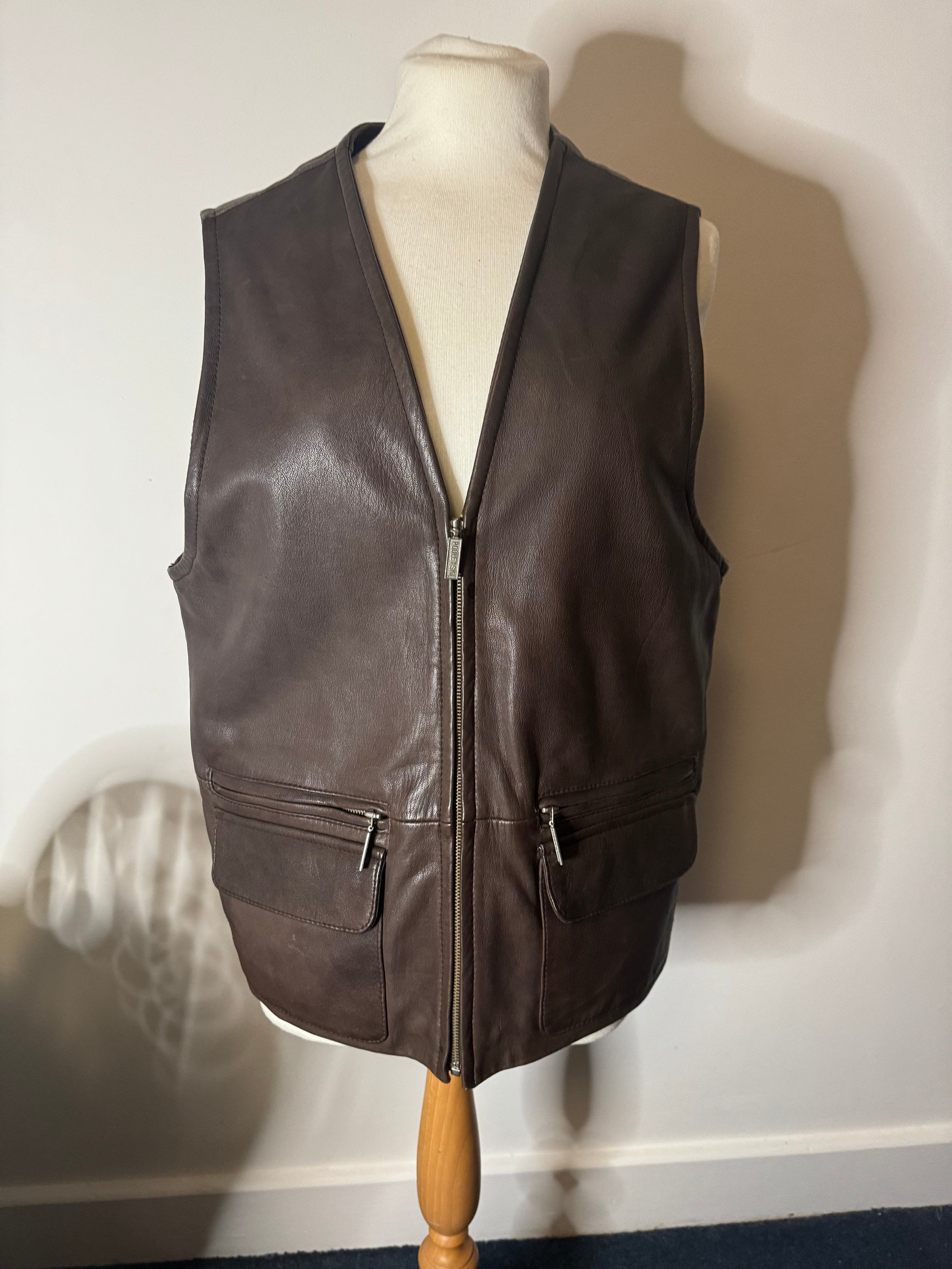 Gilet En Cuir Véritable Vintage COOPER Pour Homme - Taille S/M - Marron - Occasion Très Bon État
