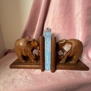 Vintage Wooden Bookends carved elephant.African animal statuette.