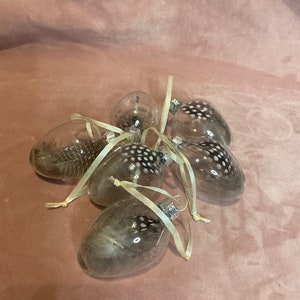 Beautiful unique set of 6 baubles clear glasses with feather inside.