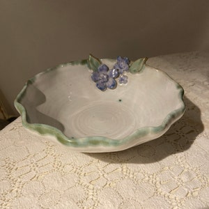 Vintage stoneware bowl ,hand painted ,blue 3D flowers.