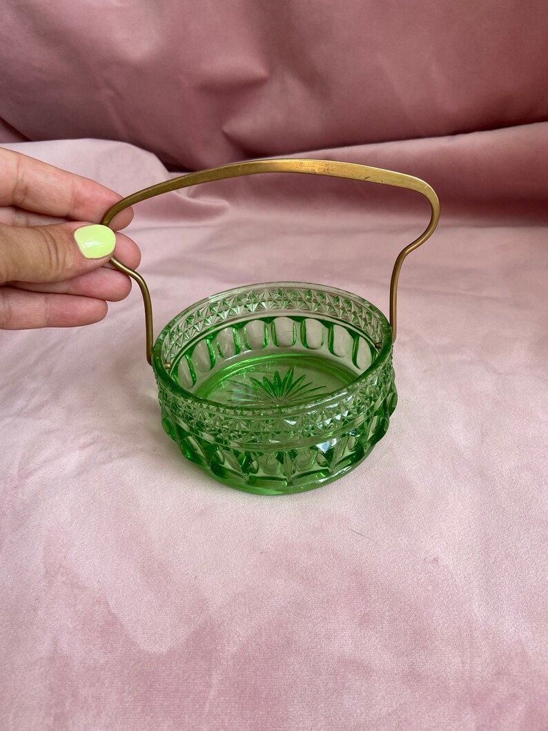 Vintage Beautiful Glass Green Crystal Bowl With a Copper Etsy