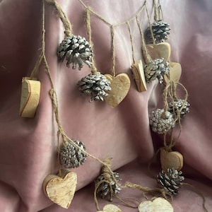 Unique Christmas decorations hooden  hearts ,natural pine cones.