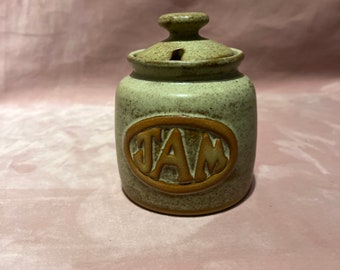 Vintage stoneware jam pot with lid.