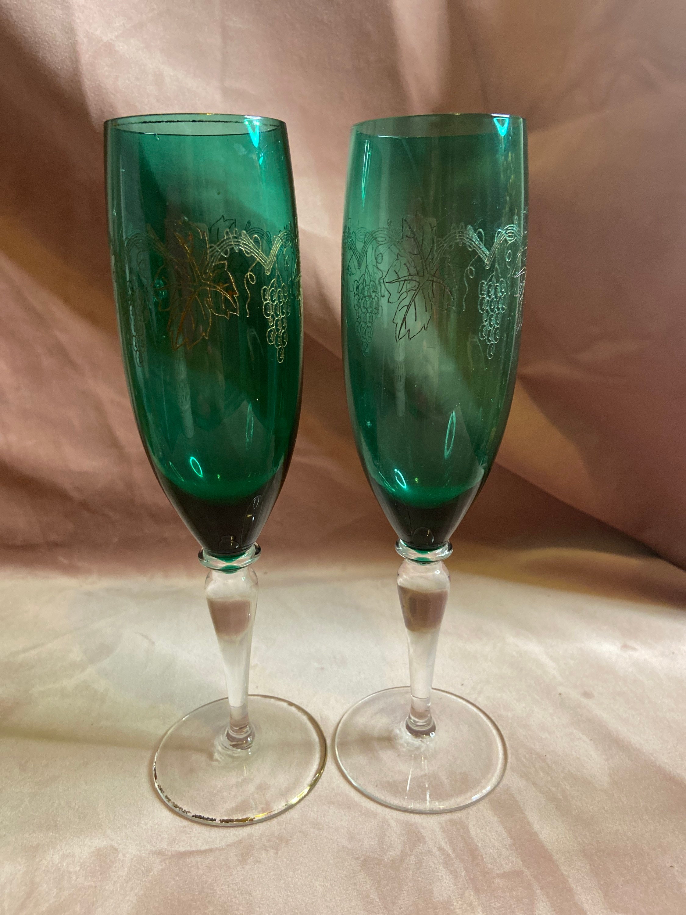 Unique set of 2 green champagne glasses with gold engraver. Etsy