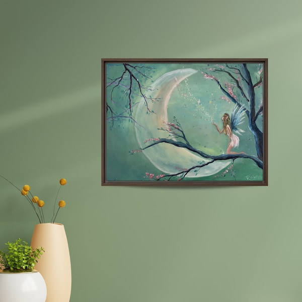 Fairy in the moonlight art print poster Whimsical wall art, Moon and Stars Fairy nursery wall decor Fantasy  Magical Fairytale