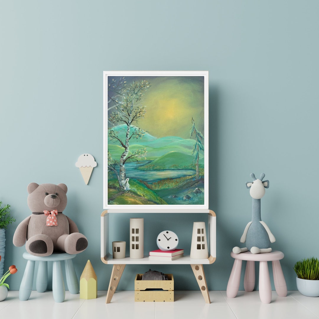 White Bunny Rabbit Acrylic Painting: Whimsical Woodland Nursery Art - Etsy
