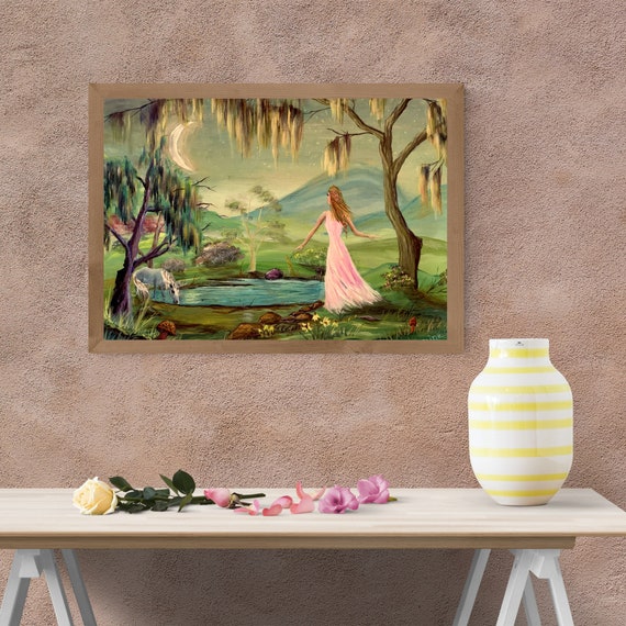 Girl and Unicorn Art Print, Original Painting on Canvas, Enchanted Forest,  Unicorn Nursery Decor, Fairytale Painting Fairycore Room Decor 