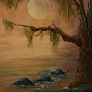 May include: A painting of a large tree with long, green branches hanging down over a body of water. The moon is visible in the sky behind the tree. The water is a light brown color and there are several rocks in the water.