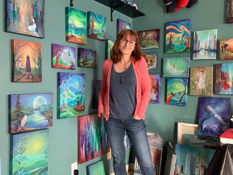 This is artist, Raines, studio. She loves creating original paintings with acrylic paint on canvas.  She has created her own whimsical, magic world through art. Her dream is to share art with people and pass on the joy she gets from painting it.