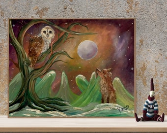 Fox and Owl Moonlight Painting: Woodland Animal Nursery Art