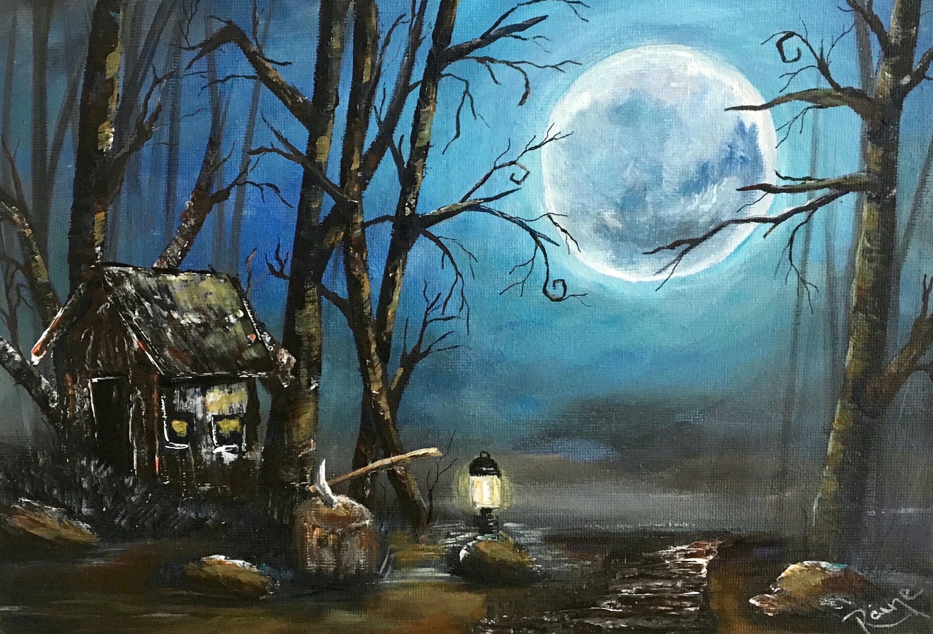 Halloween wall decor Poster Full moon painting Original Etsy