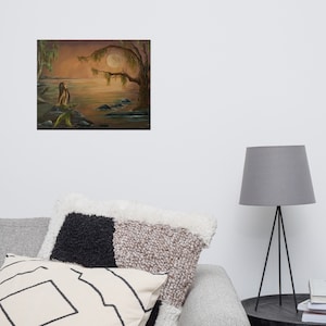 Acrylic painting of a mermaid sitting in the moonlight on a rock.  Water surrounds her. This painting was created by artist, Raine.  The tone of the artwork is warm and peaceful.  It is created with oranges, blues, green and browns. It is fantasy art