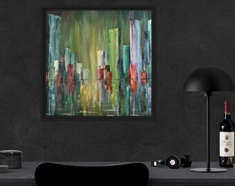 Minimalist Skyline Painting: Modern Green & Blue Cityscape Art