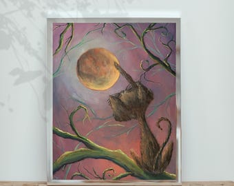 Whimsical Black Cat Art Print: Halloween Fantasy Home Decor