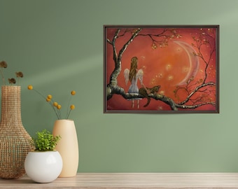 Angel and Black Cat Art Print: Fireflies Whimsical Wall Decor