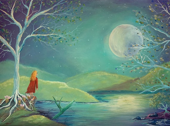 Girl In Moonlight Poster Fantasy Girl Painting Moon Wall Decor Etsy