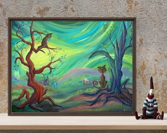Black Cat Art Print: Cats in Trees Whimsical Illustration