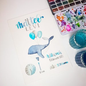 Geburtsbild personalisiert, Aquarell, handgemaltes Unikat, Geburtsdaten, Geschenk Geburt, Geburtstafel, Tiere, Lettering, Kinderzimmer Deko