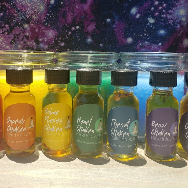 Reiki Infused Chakra Oil Collection sold as set and individually. Root, Sacral, Solar Plexus,  Heart, Throat, 3rd Eye, Crown