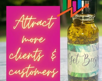 May include: A small glass bottle with a green and white label that says "Get Business" and a green liquid inside. The bottle is on a white surface with a pink background that says "Attract more clients & customers".