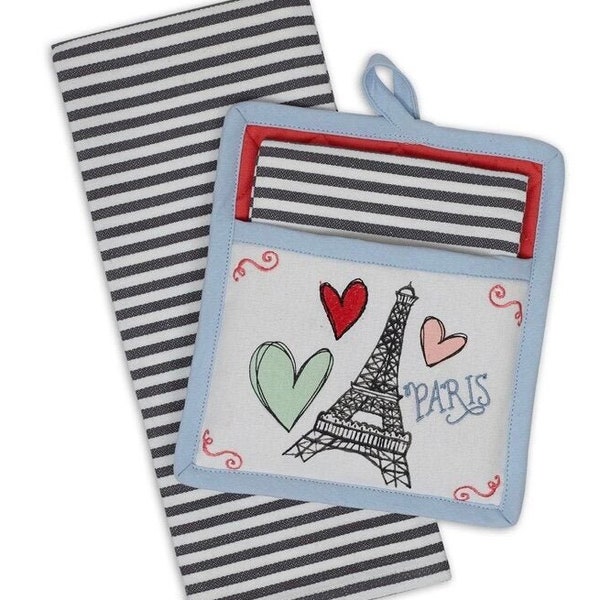 Paris Pot holder set, Silver acrylic coated cotton on the reverse provides heat protection making these functional also, Kitchen Pot holder