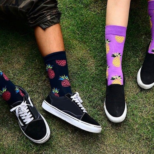 Unisex Cute Socks, Pineapple Design Socks, Couple Socks, Pink Socks, Crew Length Socks, Pretty Socks, Black Socks, Purple Socks