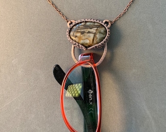 Eyeglass necklace, eyeglass holder, wire wrapped pendant, plume agate pendant, hand nade jewelry,