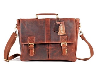 Genuine Leather Mens Bag Laptop Office Briefcase Work attache Messenger shoulder Bag