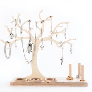 Wooden jewelry tree as a decorative jewelry stand, with ring holders and storage compartments for earrings, 100% handmade, for jewelry storage