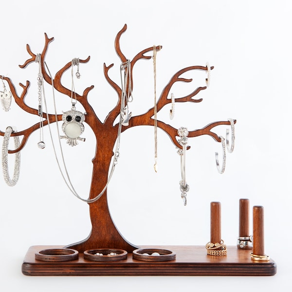 Schmuckbaum aus Holz als dekorativer Schmuckständer, mit Ringhaltern und Ablagefächer für Ohrringe, 100% Handarbeit, zur Schmuckaufbewahrung
