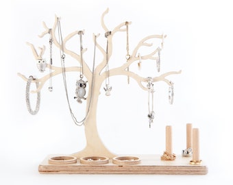 Árbol de joyería de madera como soporte decorativo para joyas, con soportes para anillos y compartimentos para guardar pendientes, 100% hecho a mano, para guardar joyas