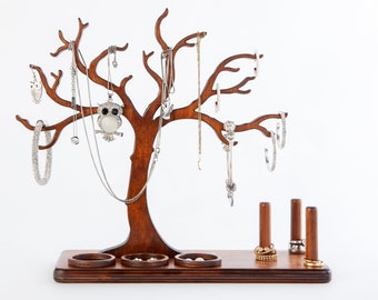 Árbol de joyería de madera como soporte decorativo para joyas, con soportes para anillos y compartimentos para guardar pendientes, 100% hecho a mano, para guardar joyas