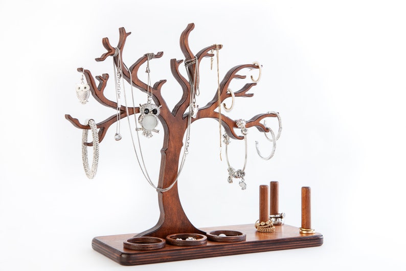 Wooden jewelry tree as a decorative jewelry stand, with ring holders and storage compartments for earrings, 100% handmade, for jewelry storage image 2