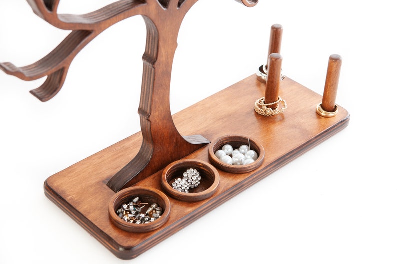 Wooden jewelry tree as a decorative jewelry stand, with ring holders and storage compartments for earrings, 100% handmade, for jewelry storage image 10