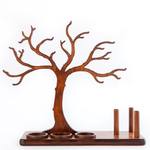 Arbre à bijoux en bois comme support à bijoux décoratif, avec supports pour bagues et compartiments de rangement pour boucles d'oreilles, 100% fait main, pour le rangement des bijoux image 7