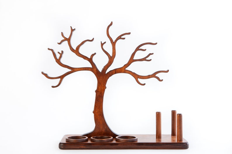 Arbre à bijoux en bois comme support à bijoux décoratif, avec supports pour bagues et compartiments de rangement pour boucles d'oreilles, 100% fait main, pour le rangement des bijoux image 7