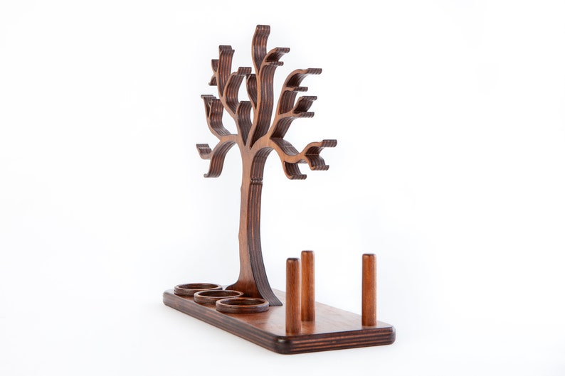 Wooden jewelry tree as a decorative jewelry stand, with ring holders and storage compartments for earrings, 100% handmade, for jewelry storage image 4