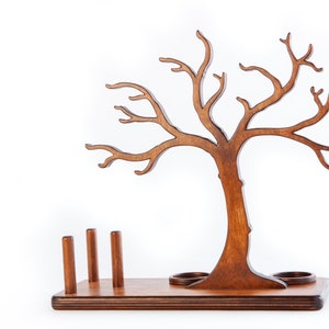 Arbre à bijoux en bois comme support à bijoux décoratif, avec supports pour bagues et compartiments de rangement pour boucles d'oreilles, 100% fait main, pour le rangement des bijoux image 6