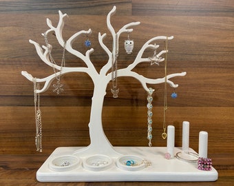 Decorative tree made of wood as a decorative jewelry stand, with ring holders and storage compartments for earrings, 100% handmade, shabby chic