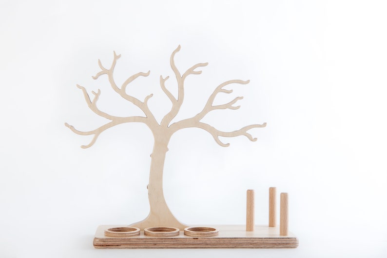 Arbre à bijoux en bois comme support à bijoux décoratif, avec supports pour bagues et compartiments de rangement pour boucles d'oreilles, 100% fait main, pour le rangement des bijoux image 5