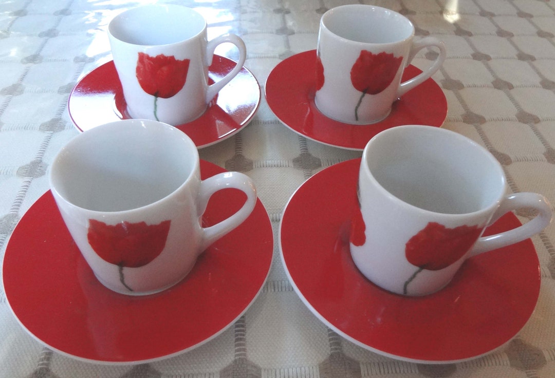 4 Sets Konitz Alemania Espresso Demitasse Cup Saucer Red Tulips Etsy