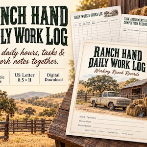 Könnte beinhalten: Ein druckbares Ranch Hand Daily Work Log Dokumentenset mit 8 Seiten im Format 21,6 x 27,9 cm. Das Deckblatt zeigt einen Oldtimer-Truck, eine Scheune und Heuballen mit Feldern für Ranch-Betrieb, Name der Arbeitskraft und den Berichtszeitraum.