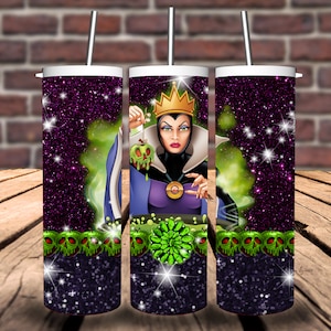 May include: Three stainless steel tumblers with a black glitter background and a green and purple image of the Evil Queen from Snow White holding a poisoned apple. The tumblers have a green skull design at the bottom.
